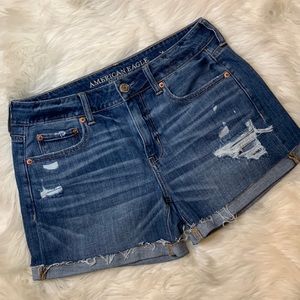 American Eagle Tom Girl midi distressed stretch denim shorts 6